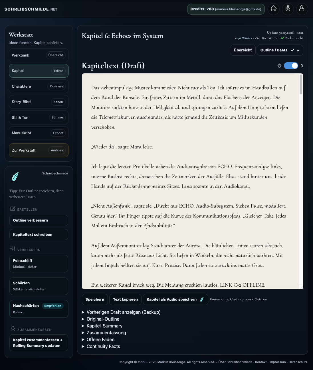 Kapitelfenster mit Texteditor und ergänzenden Projektinformationen.
