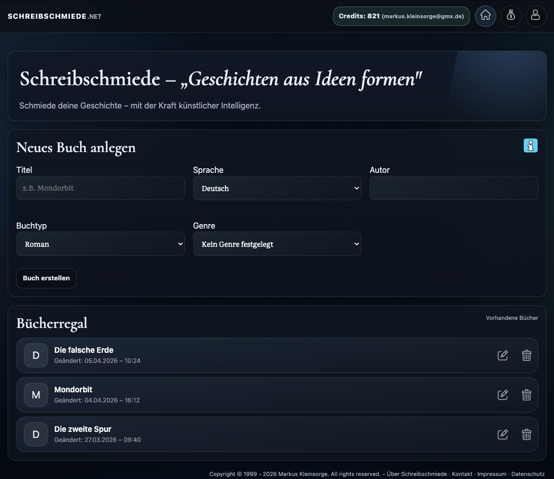 Startseite der Schreibschmiede mit Bereich zum Anlegen eines neuen Buchs und Bücherregal.