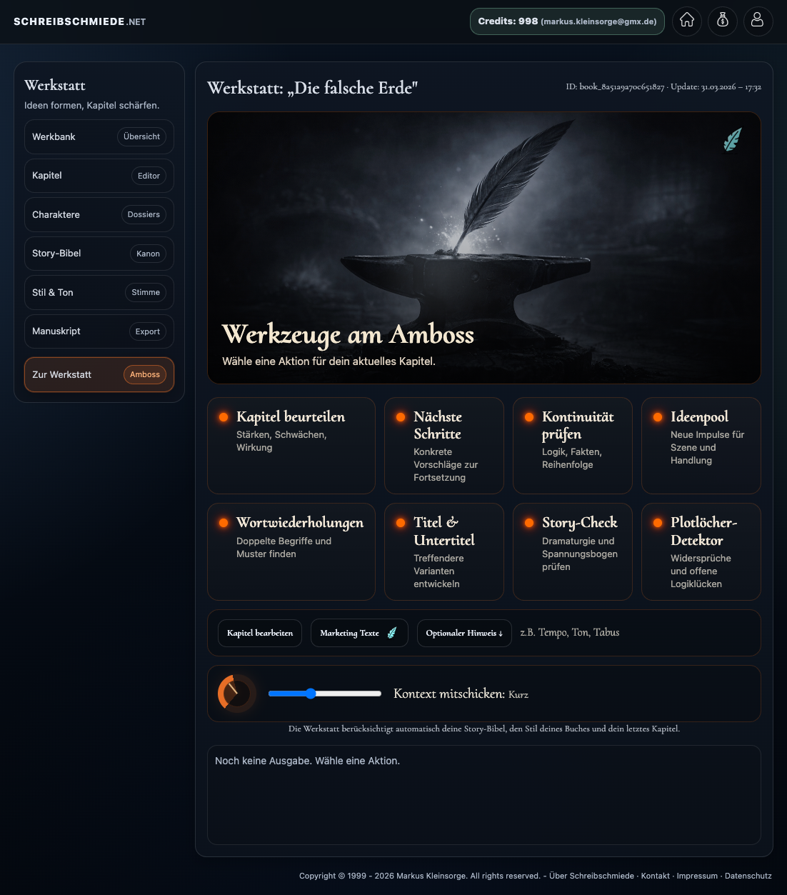 Werkstatt-Bereich mit Analysefunktionen und Werkzeugen für die Projektprüfung.